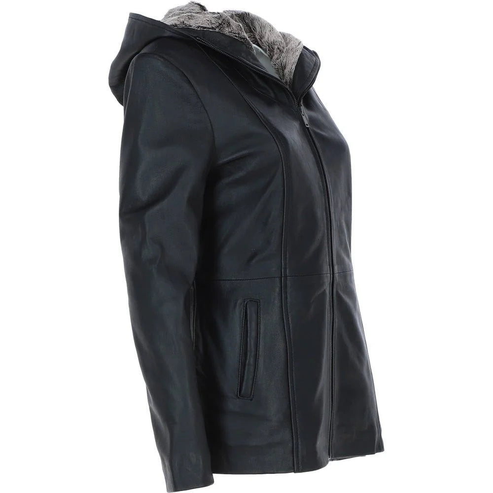 Women's Black Leather Hooded Jacket