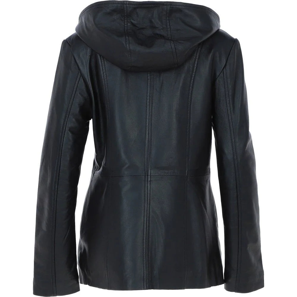 Women's Black Leather Hooded Jacket