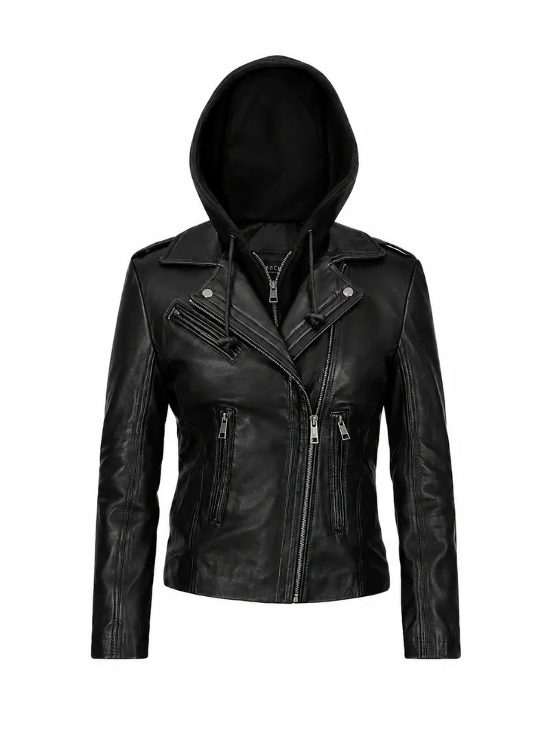 Women’s Black Leather Jacket Hooded Front 