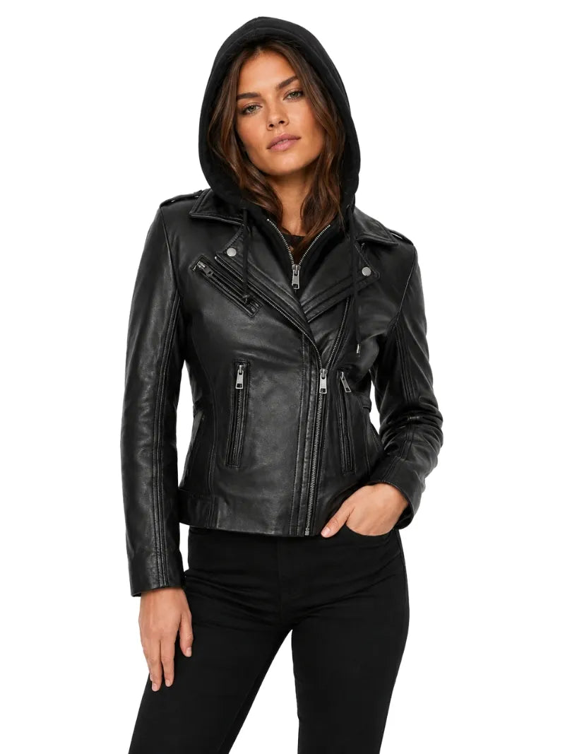 Women’s Black Leather Jacket Hooded Full 