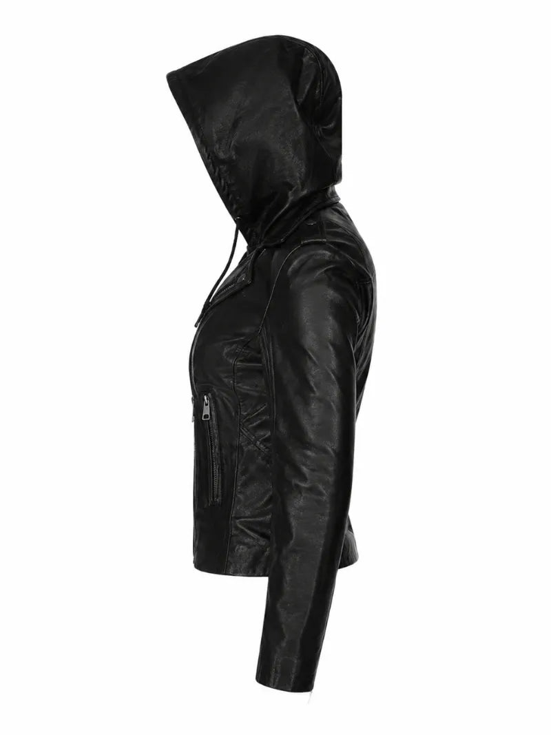 Women’s Black Leather Jacket Hooded Left 