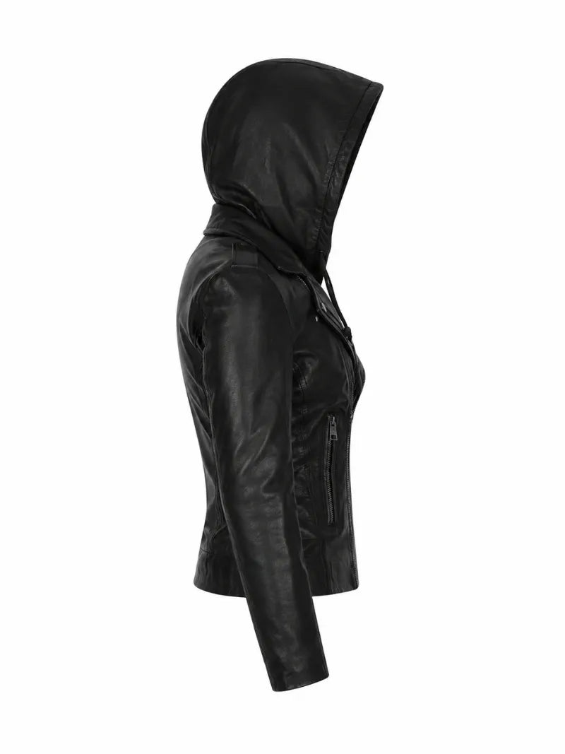 Women’s Black Leather Jacket Hooded Right 