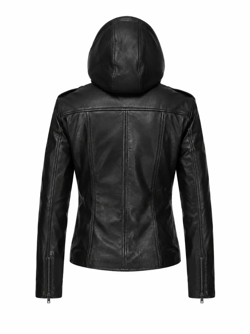 Women’s Black Leather Jacket Hooded Back 