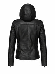 Women’s Black Leather Jacket Hooded Back 
