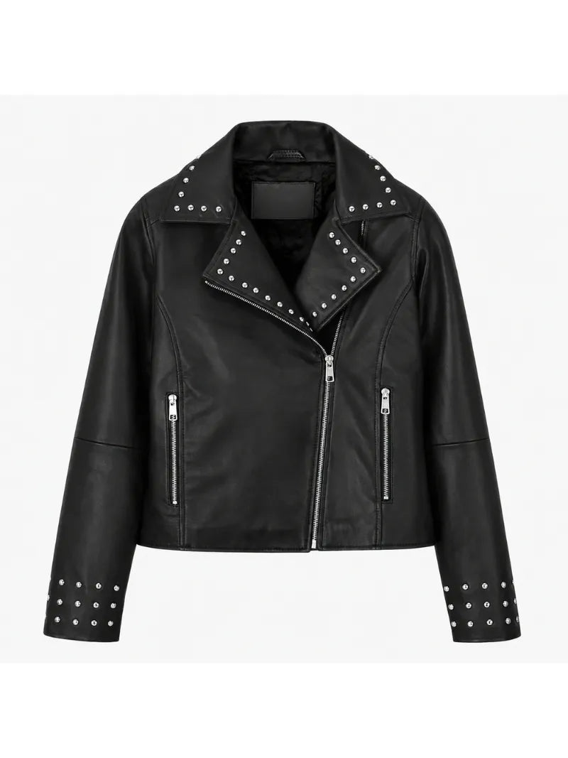 Women's Black Leather Jacket with Asymmetrical Zip & Studs Front 