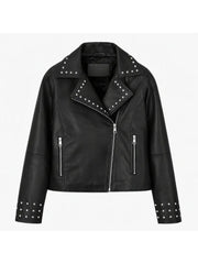 Women's Black Leather Jacket with Asymmetrical Zip & Studs Front 