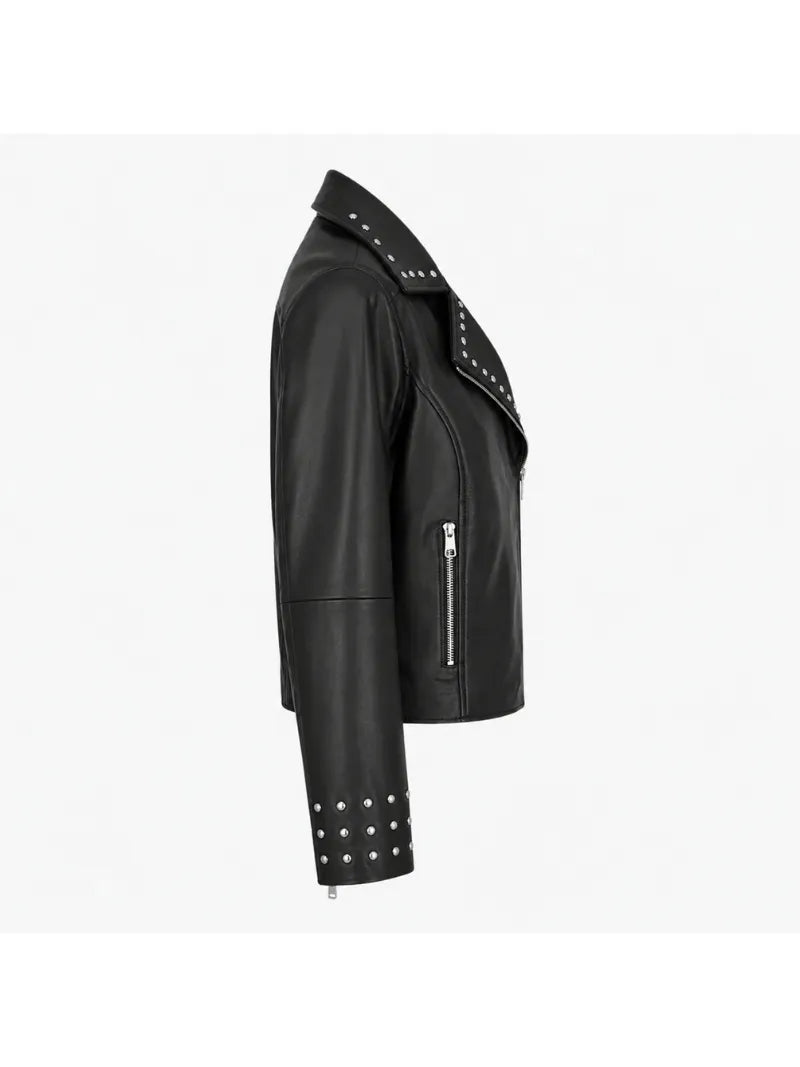 Women's Black Leather Jacket with Asymmetrical Zip & Studs Right
