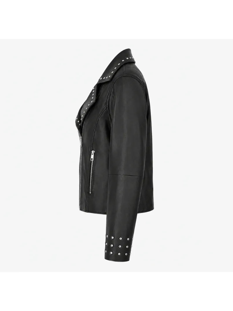 Women's Black Leather Jacket with Asymmetrical Zip & Studs Left 
