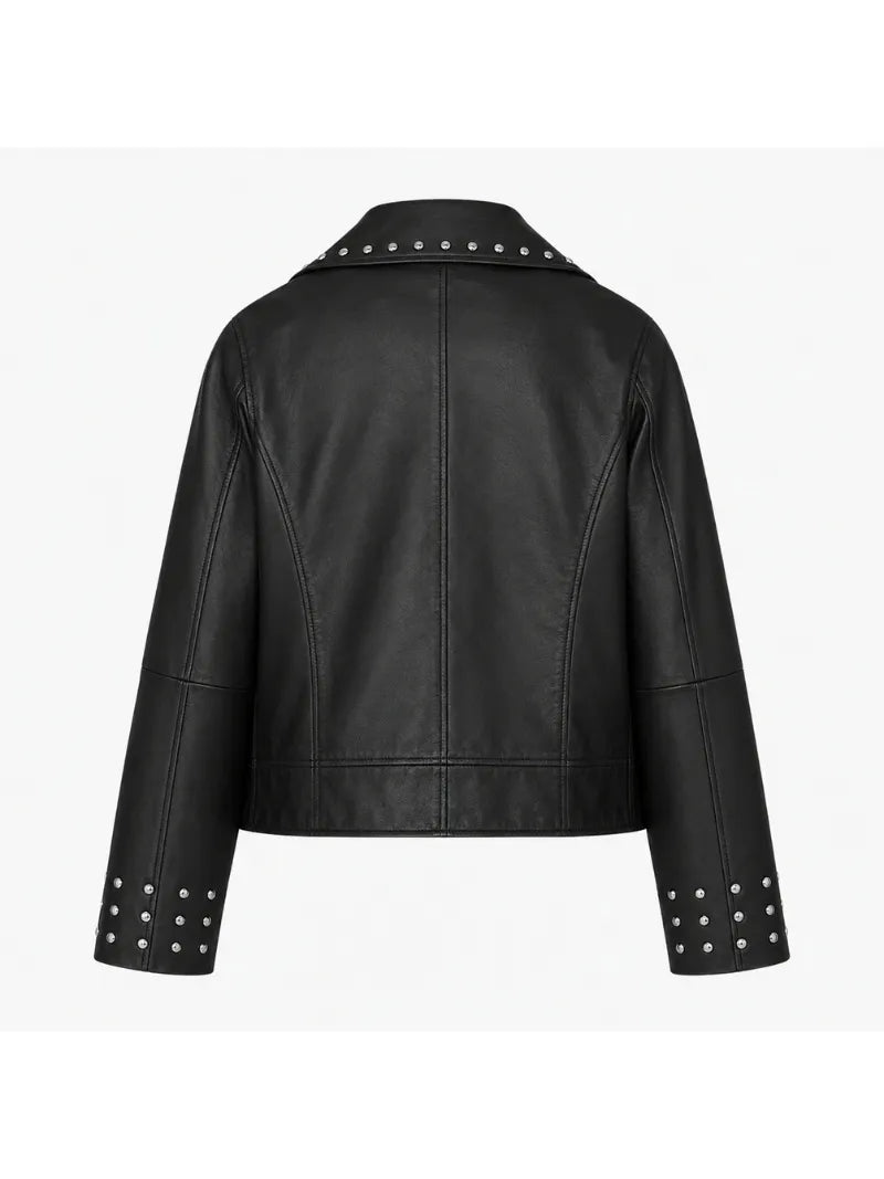 Women's Black Leather Jacket with Asymmetrical Zip & Studs Back 