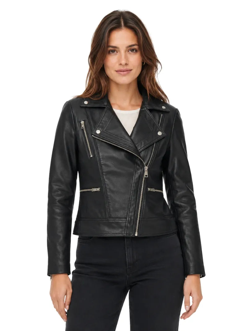 Women’s Black Leather Jacket with Multi-Zip Design Full 