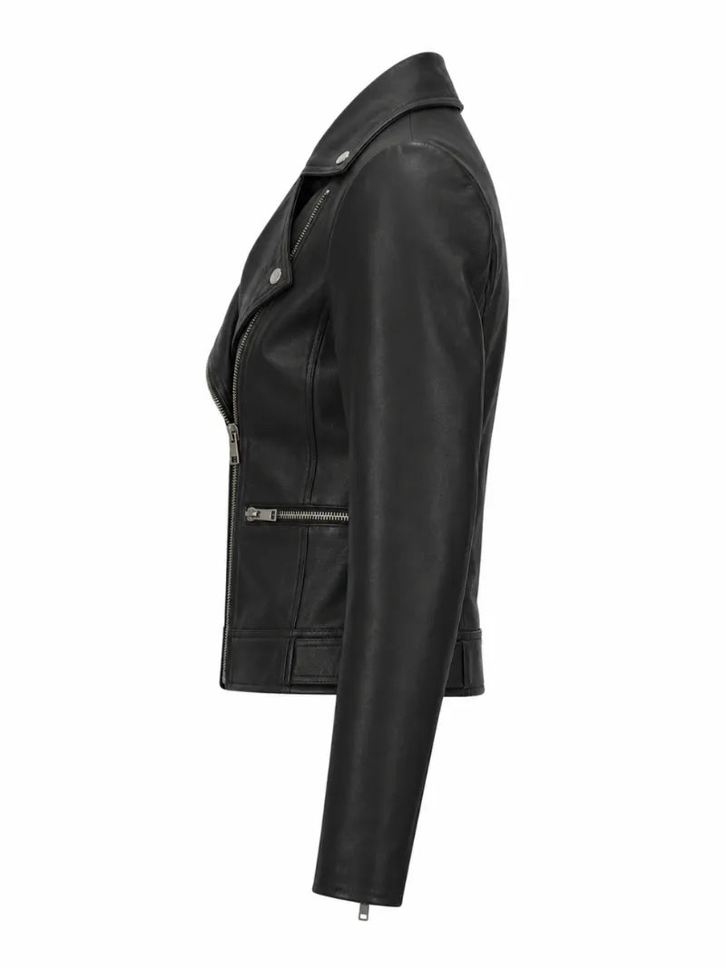 Women’s Black Leather Jacket with Multi-Zip Design Left 