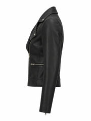 Women’s Black Leather Jacket with Multi-Zip Design Left 