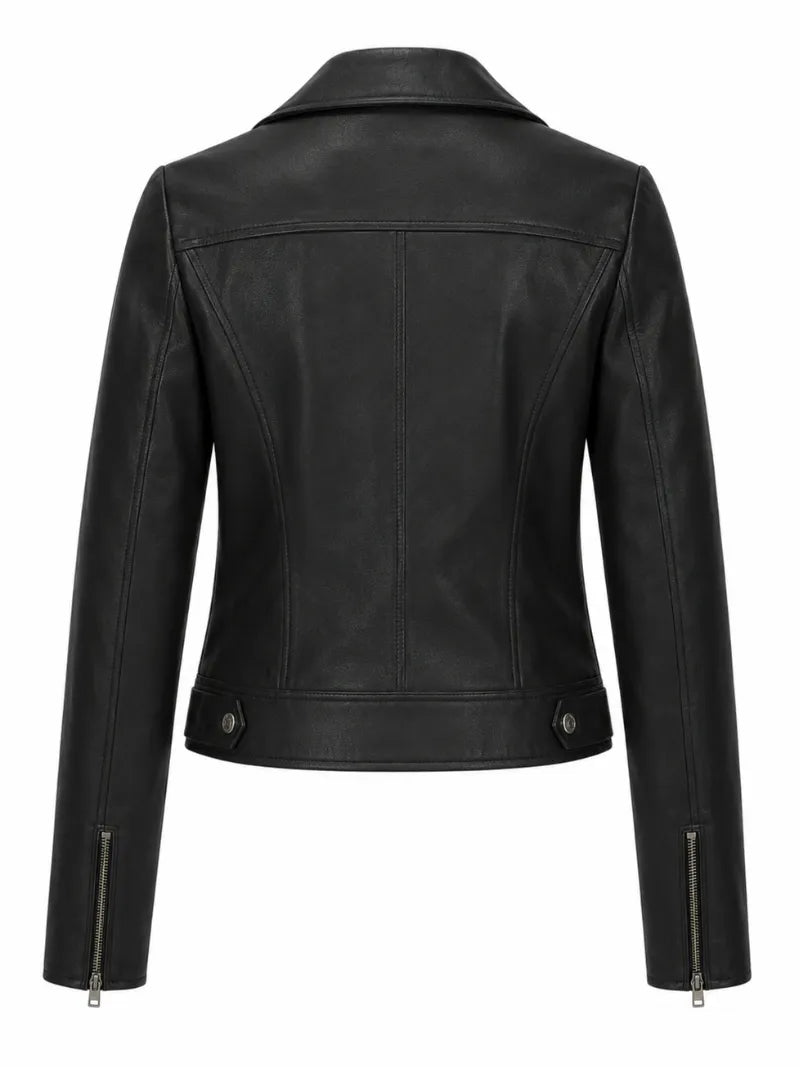 Women’s Black Leather Jacket with Multi-Zip Design Back 
