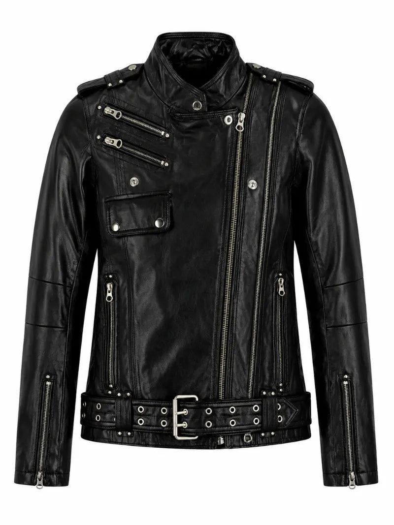 Women’s Black Leather Jacket with Multiple Zippers Front 