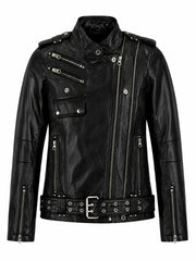 Women’s Black Leather Jacket with Multiple Zippers Front 