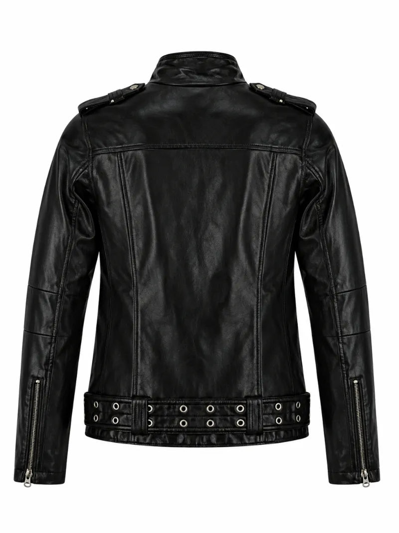 Women’s Black Leather Jacket with Multiple Zippers Back 