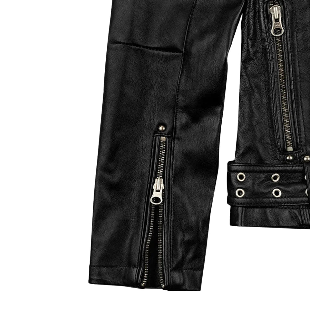 Women’s Black Leather Jacket with Multiple Zippers