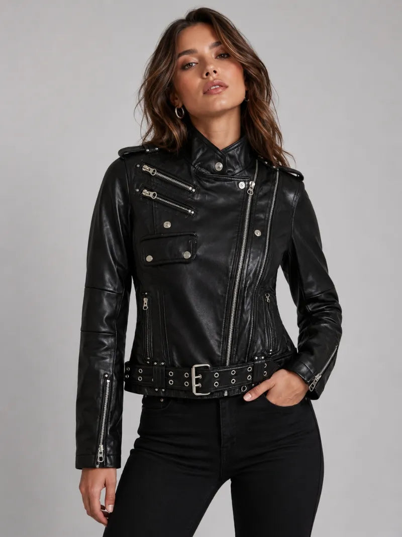 Women’s Black Leather Jacket with Multiple Zippers Full