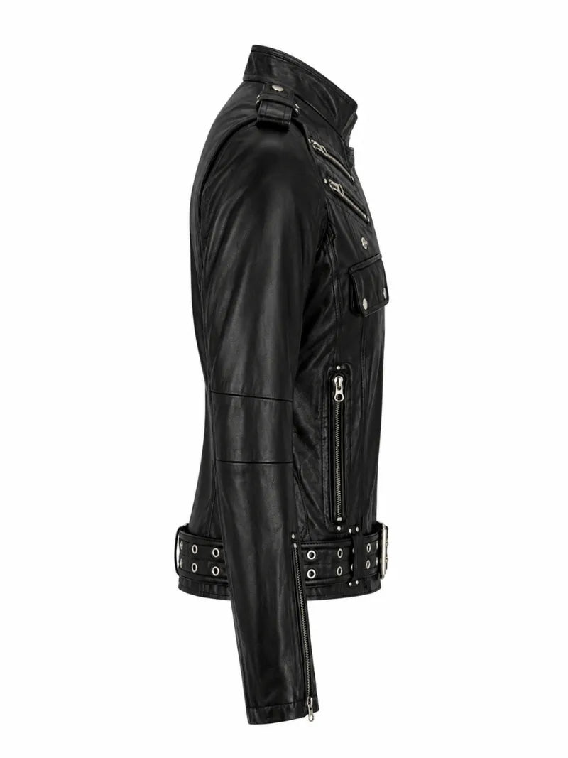 Women’s Black Leather Jacket with Multiple Zippers Right 