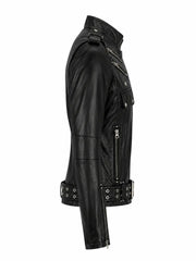 Women’s Black Leather Jacket with Multiple Zippers Right 