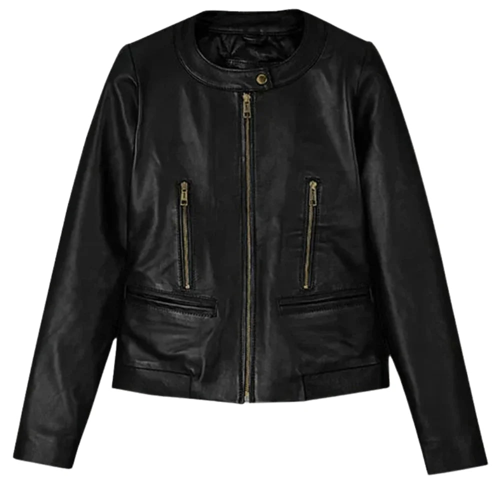 Women’s Black Leather Jacket with Round Collar