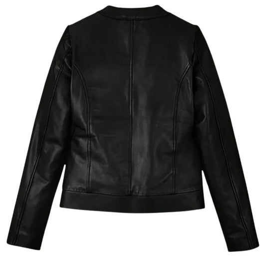 Women’s Black Leather Jacket with Round Collar