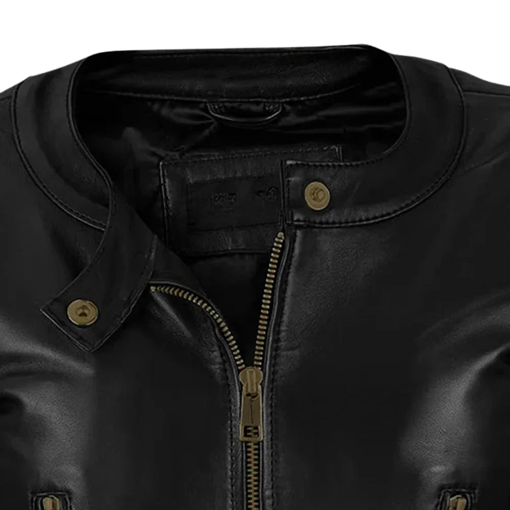 Women’s Black Leather Jacket with Round Collar