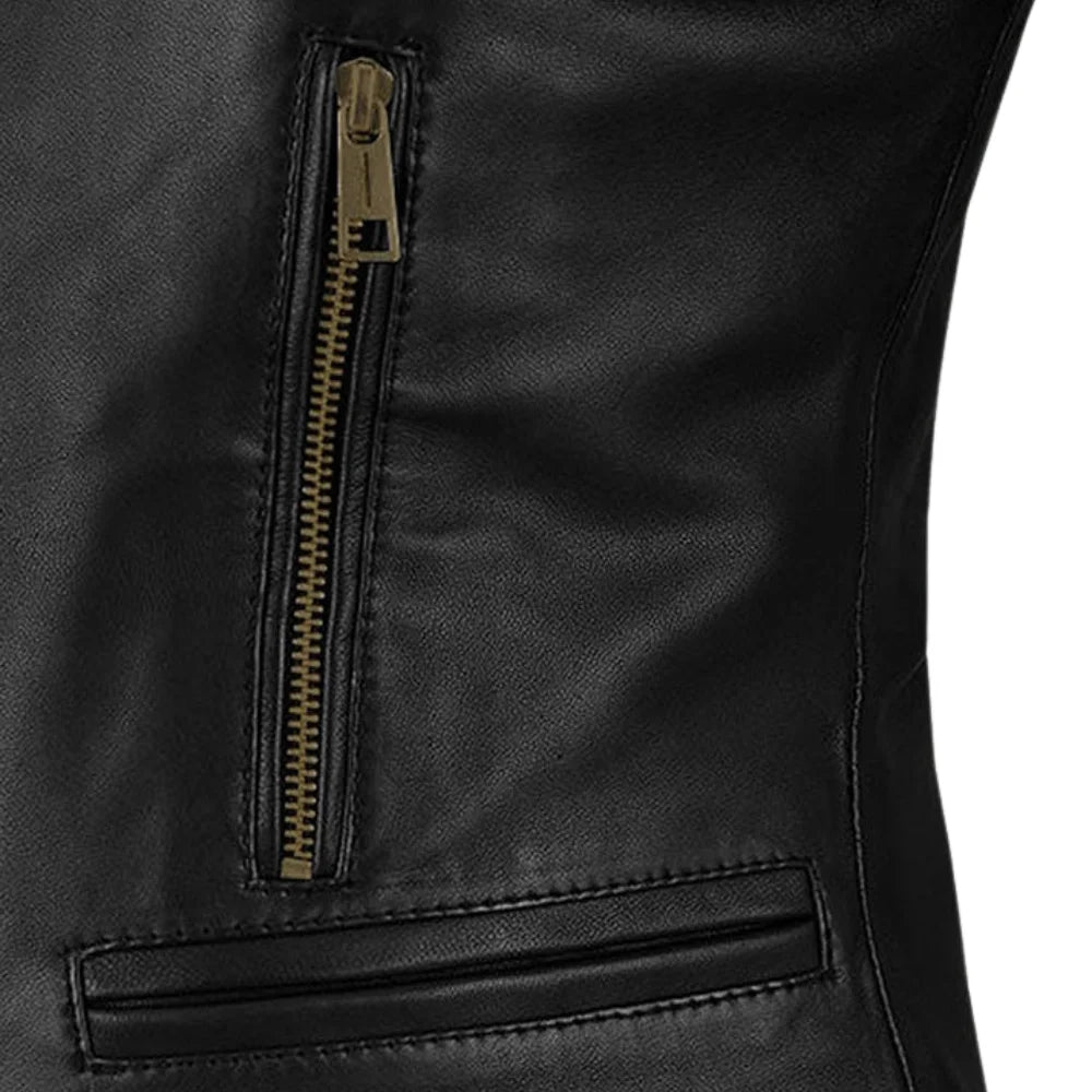 Women’s Black Leather Jacket with Round Collar