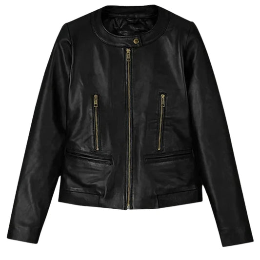 Women’s Black Leather Jacket with Round Collar