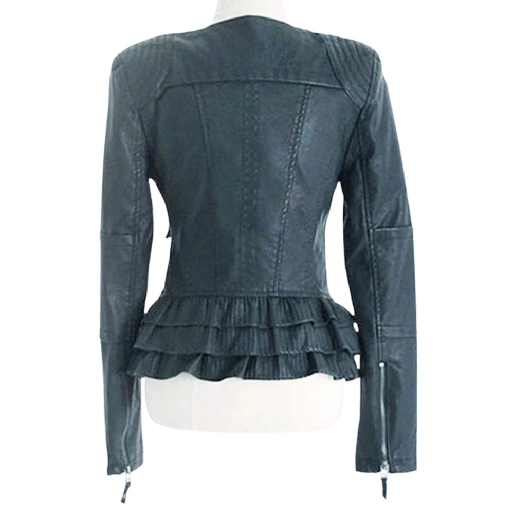 Women’s Black Leather Jacket with Ruffled Hem Detail