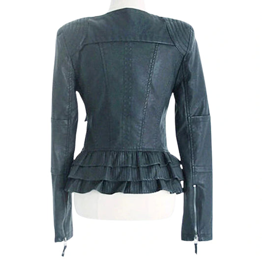 Women’s Black Leather Jacket with Ruffled Hem Detail