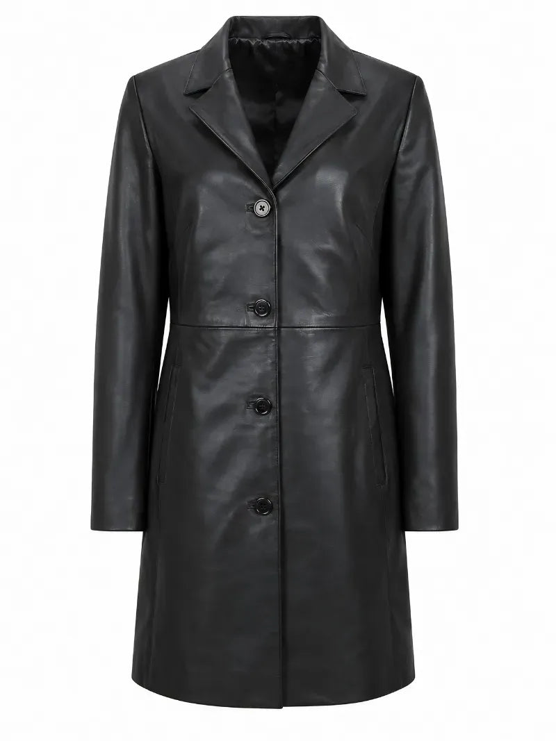 Women Black Leather Long Coat
