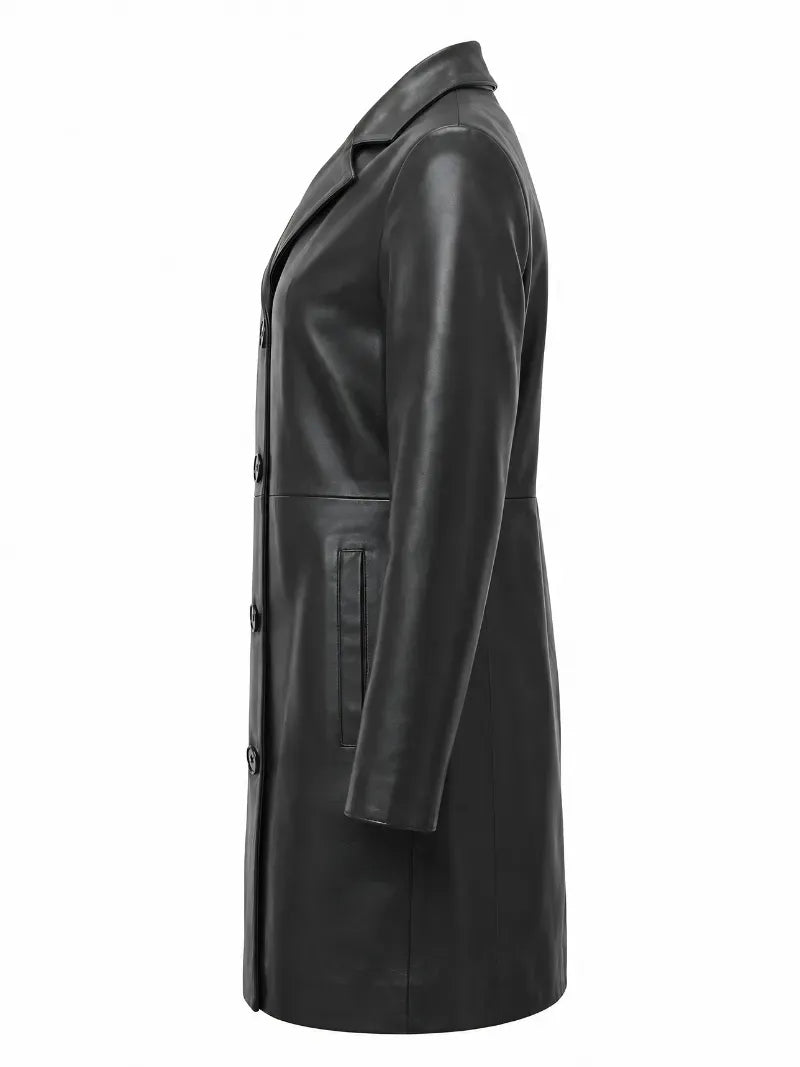 Women Black Leather Long Coat