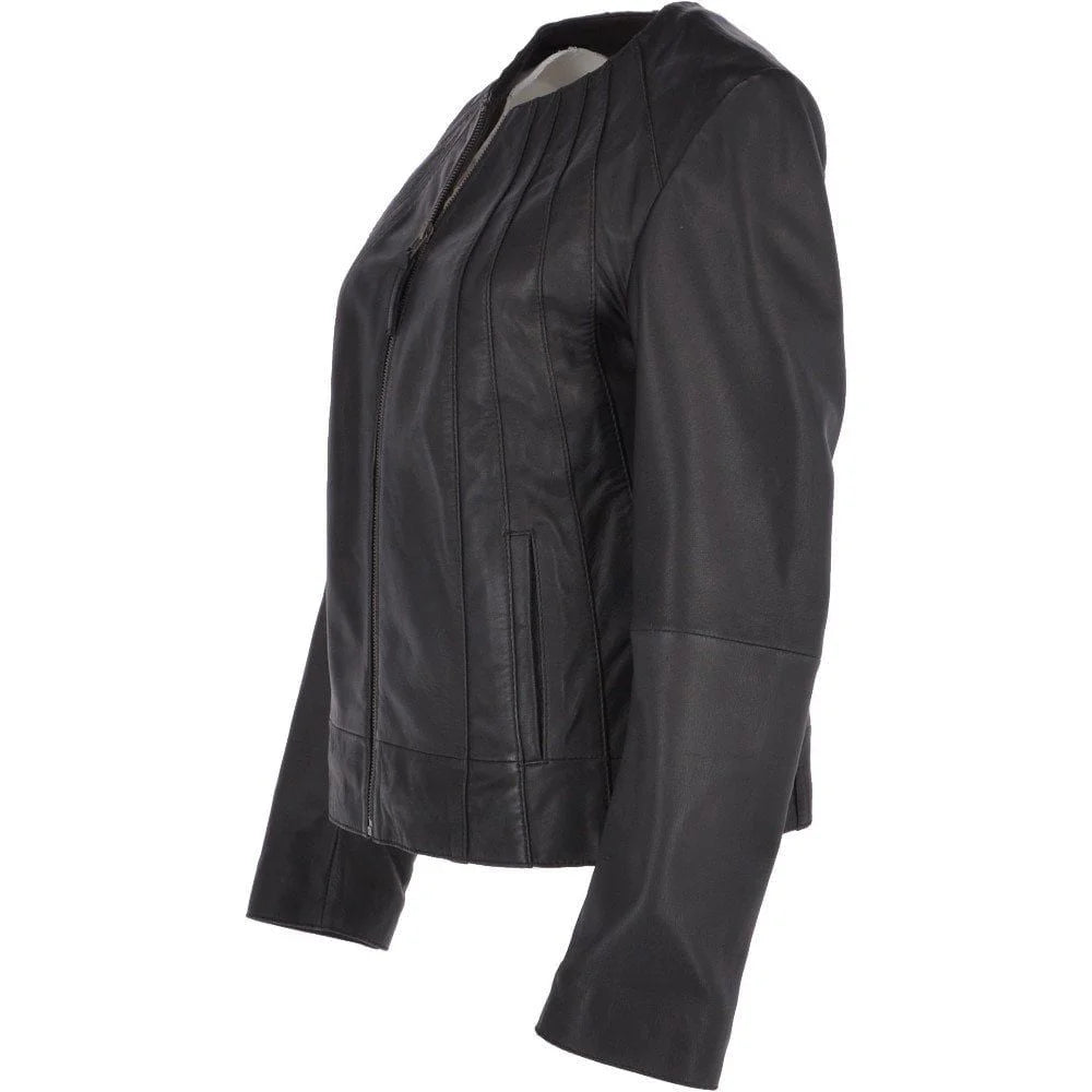 Women's Black Leather Round Collar Jacket