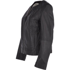 Women's Black Leather Round Collar Jacket