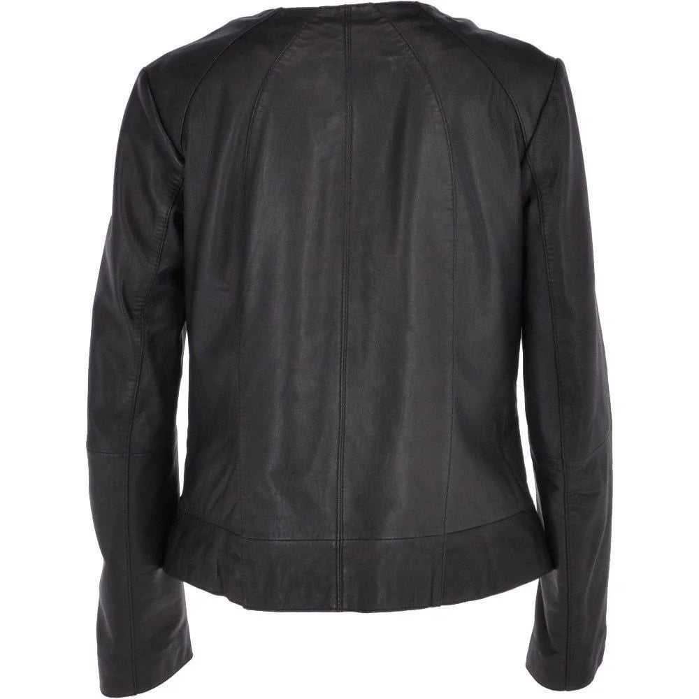 Women's Black Leather Round Collar Jacket