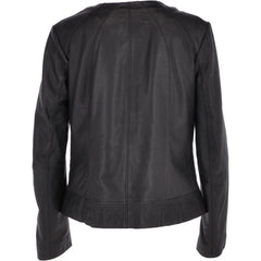 Women's Black Leather Round Collar Jacket