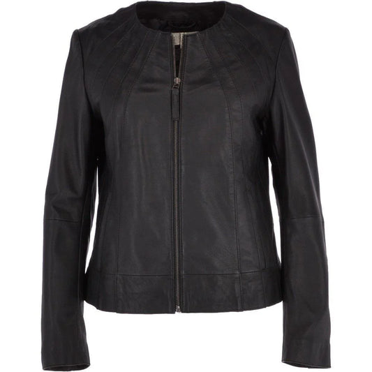 Women's Black Leather Round Collar Jacket
