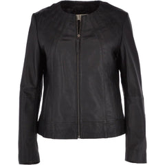 Women's Black Leather Round Collar Jacket