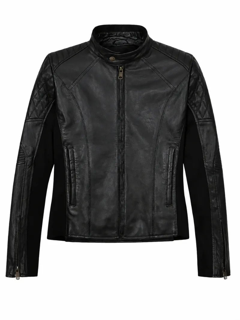 Women's Black Leather Smart Jacket Front 