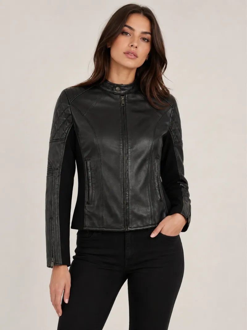 Women's Black Leather Smart Jacket Full