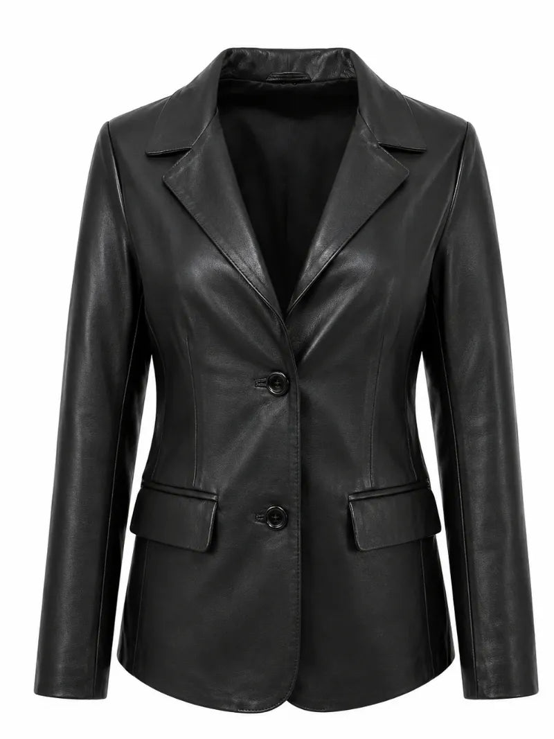 Women's Black Leather Two-Button Blazer