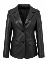 Women's Black Leather Two-Button Blazer