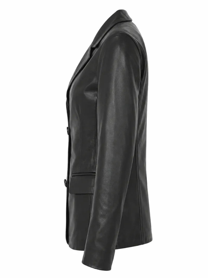 Women's Black Leather Two-Button Blazer