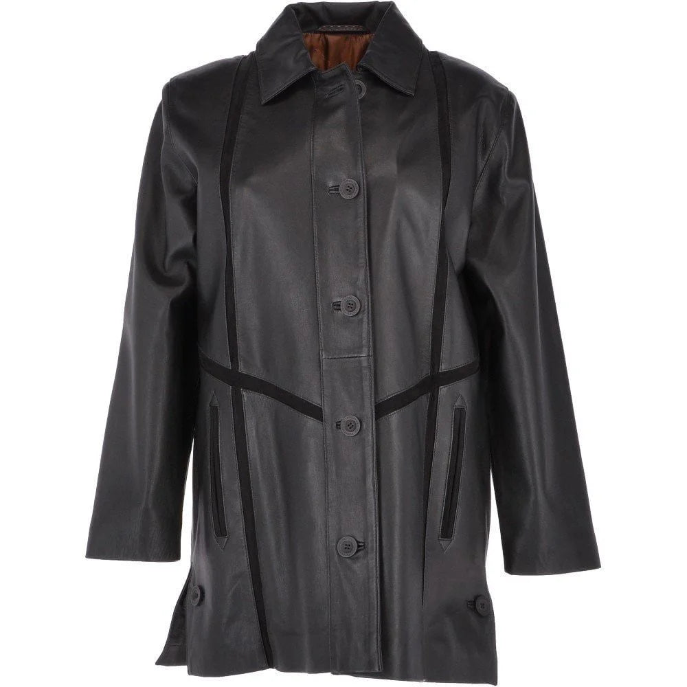 Women's Black Long-Line Leather Coat