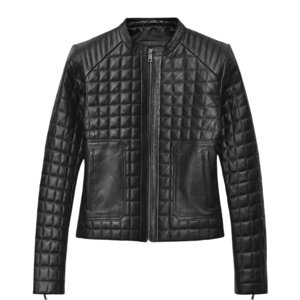 Women’s Black Quilted Leather Jacket with Stand Collar