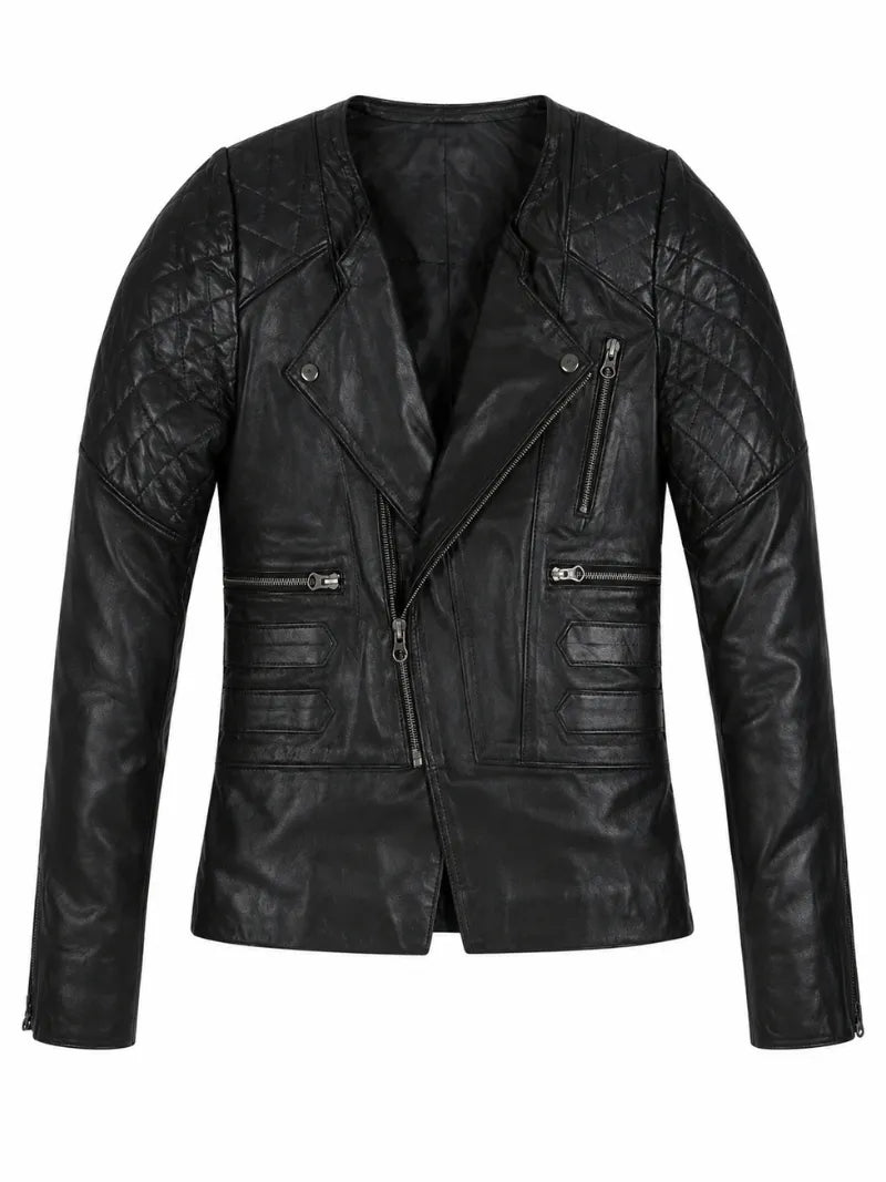 Women’s Black Quilted Shoulder Leather Jacket front 