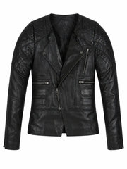 Women’s Black Quilted Shoulder Leather Jacket front 