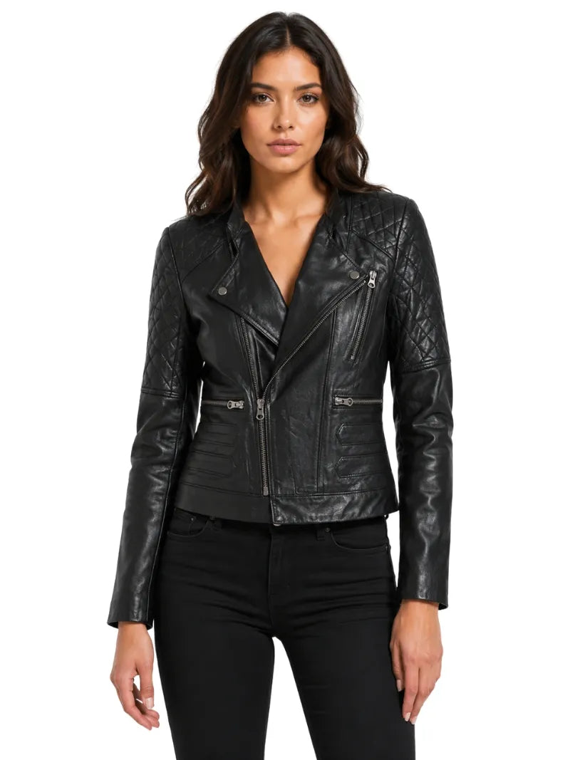 Women’s Black Quilted Shoulder Leather Jacket Full 