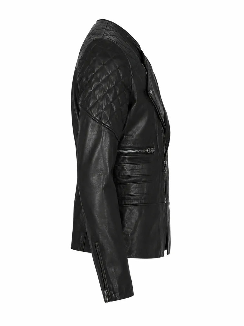 Women’s Black Quilted Shoulder Leather Jacket Right  